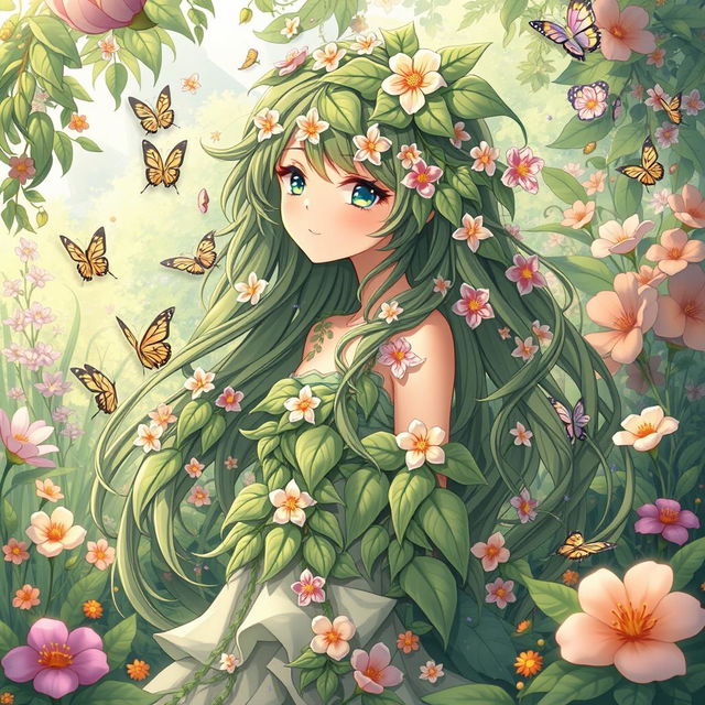 An enchanting illustration of a plant-themed anime girl, embodying the essence of nature