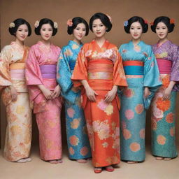 A stunning display of traditional Japanese clothing, with elegantly draped kimonos in vibrant colours, adorned with intricate patterns and designs.