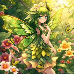 A captivating illustration of a plant-insect themed anime girl, featuring elements of both flora and entomology