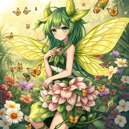 A captivating illustration of a plant-insect themed anime girl, featuring elements of both flora and entomology