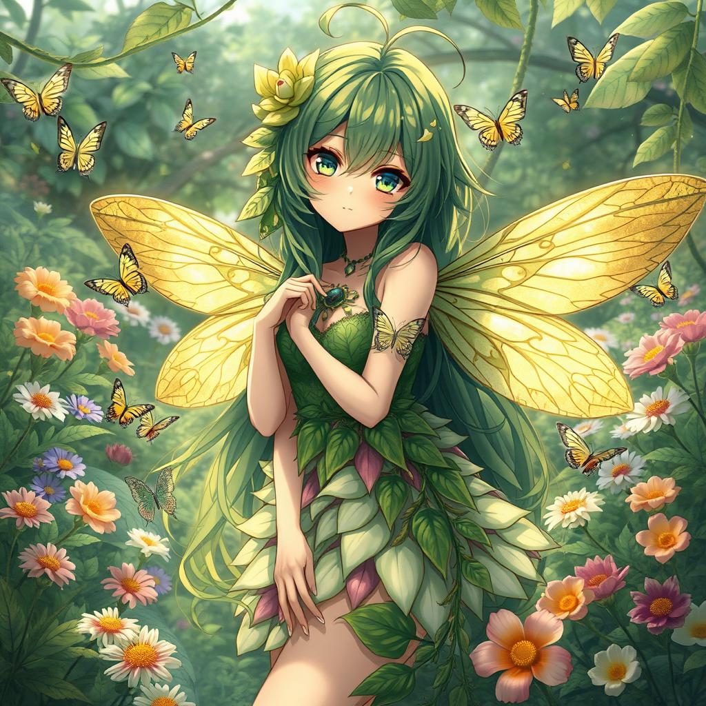 A captivating illustration of a plant-insect themed anime girl, featuring elements of both flora and entomology