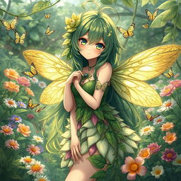 A captivating illustration of a plant-insect themed anime girl, featuring elements of both flora and entomology