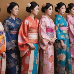 A stunning display of traditional Japanese clothing, with elegantly draped kimonos in vibrant colours, adorned with intricate patterns and designs.