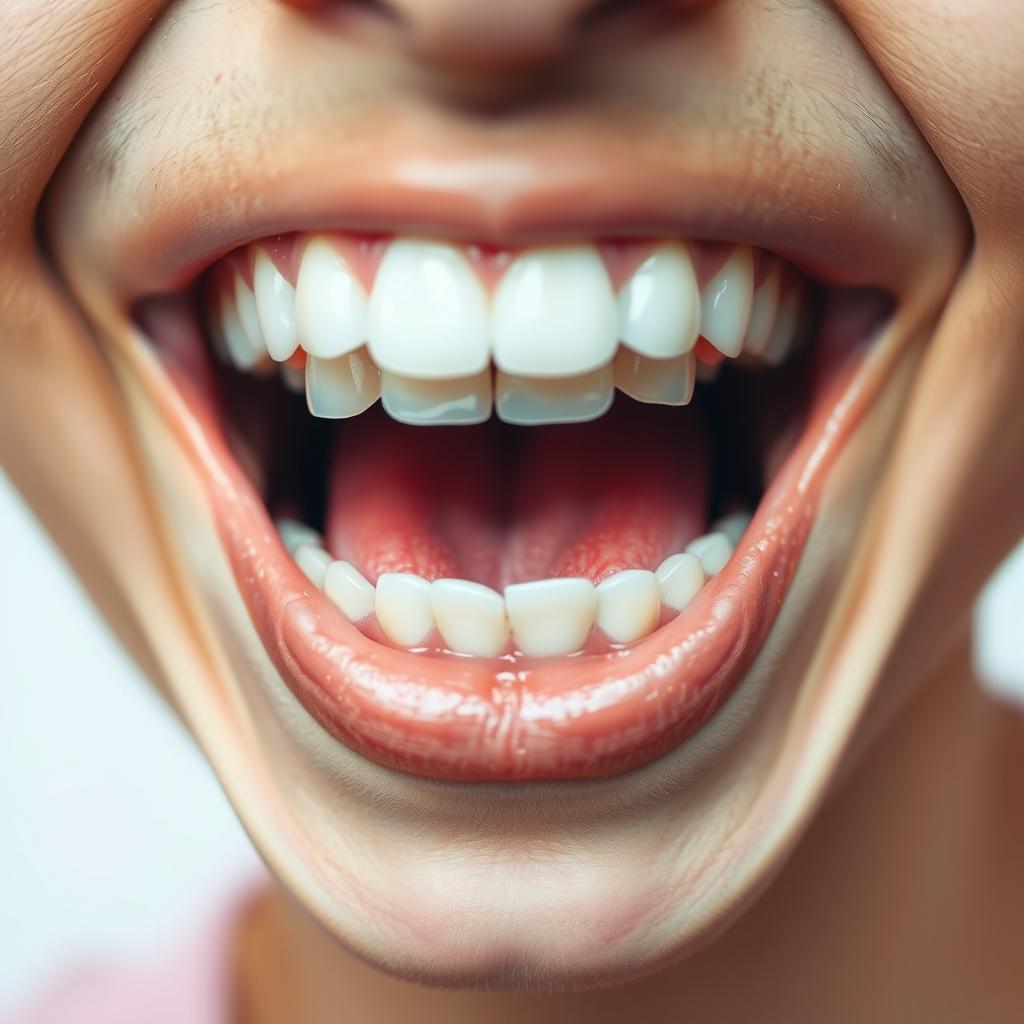 A detailed close-up of a large mouth laughing heartily, showcasing an open smile with bright, white teeth and a vibrant tongue inside