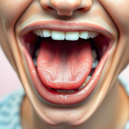 A detailed close-up of a large mouth laughing heartily, showcasing an open smile with bright, white teeth and a vibrant tongue inside