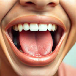 A detailed close-up of a large mouth laughing heartily, showcasing an open smile with bright, white teeth and a vibrant tongue inside