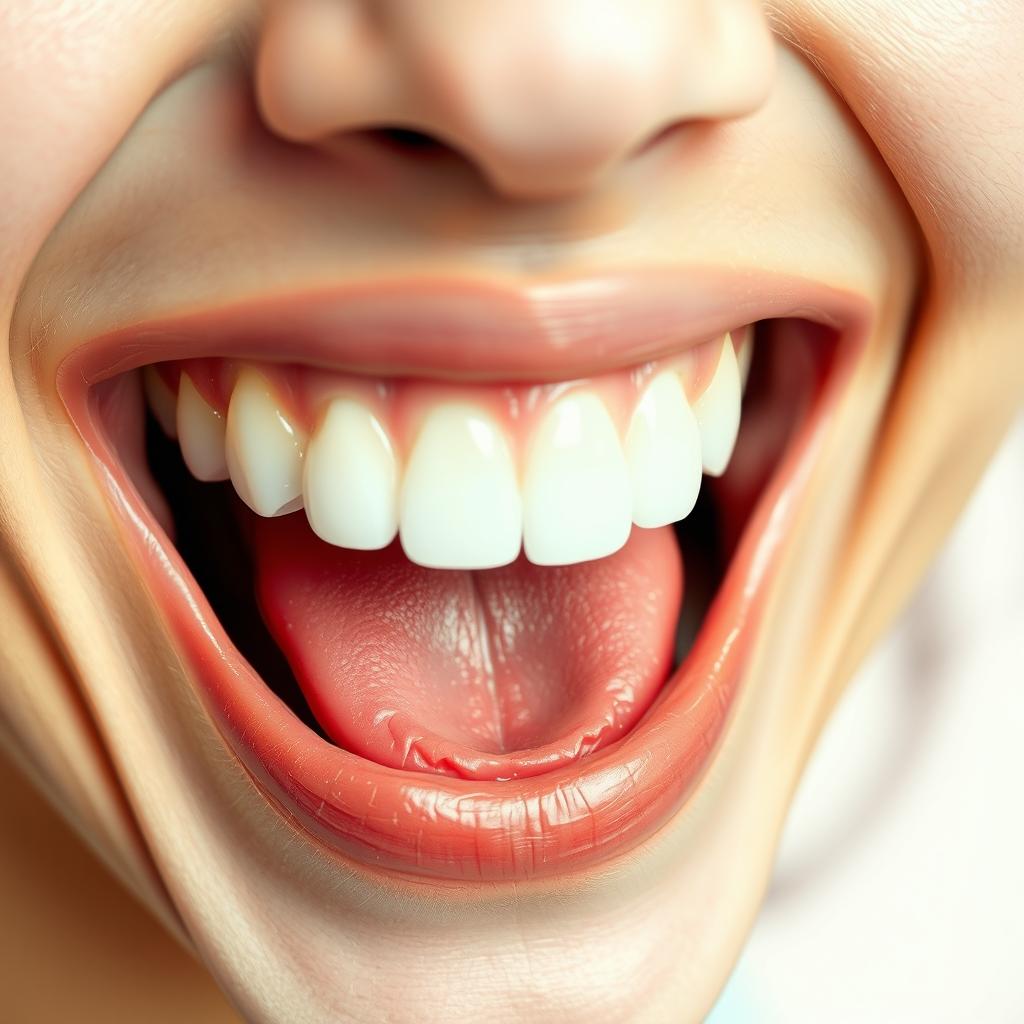 A detailed close-up of a large mouth laughing heartily, showcasing an open smile with bright, white teeth and a vibrant tongue inside