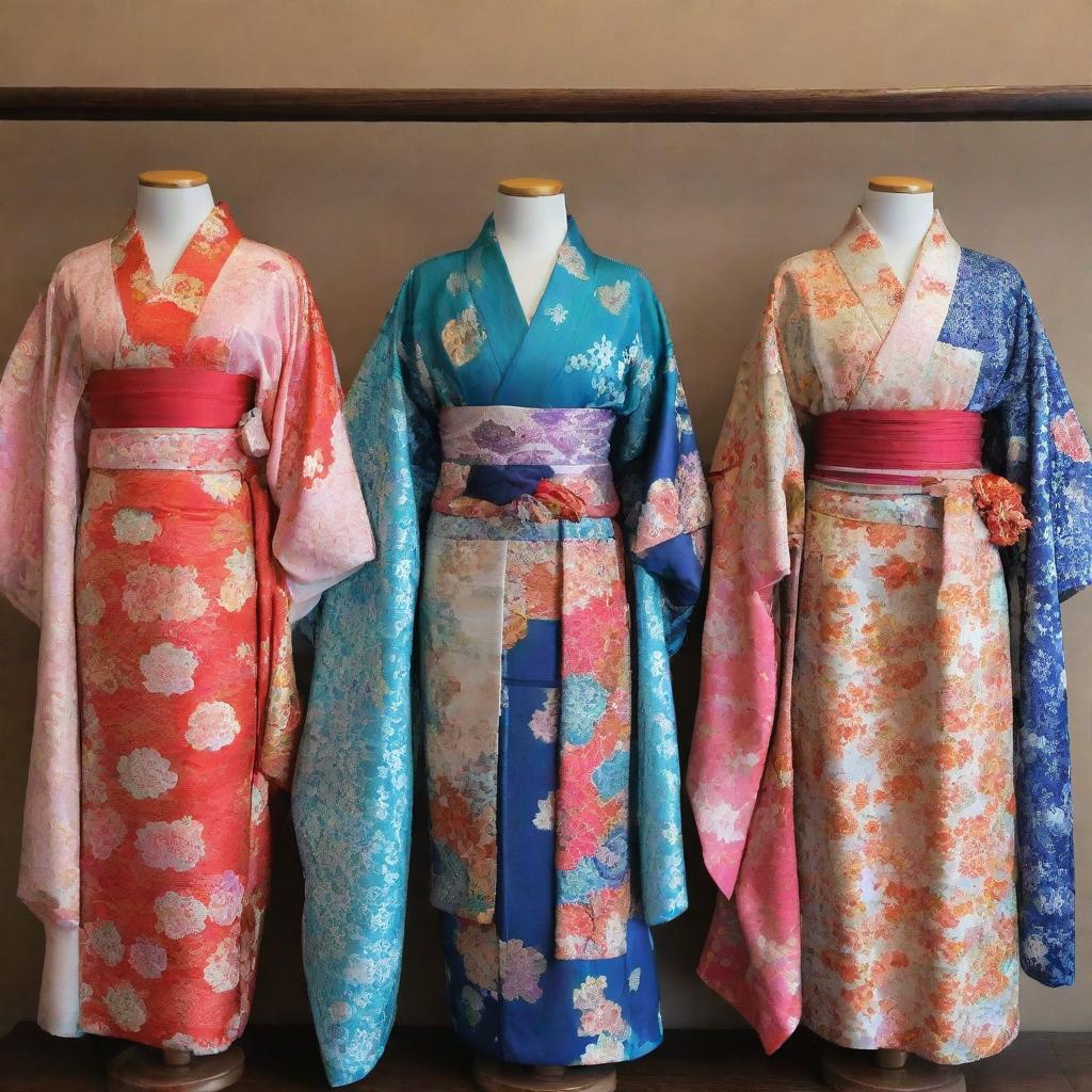 A stunning display of traditional Japanese clothing, with elegantly draped kimonos in vibrant colours, adorned with intricate patterns and designs.