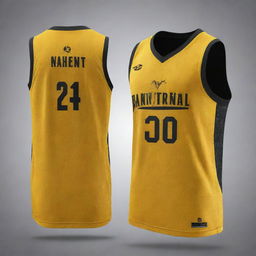 A cool, stylish basketball jersey front and back view in golden yellow with intricate little black patterns. The team's logo on the front and the player's number on the back are highlighted in black for contrast.