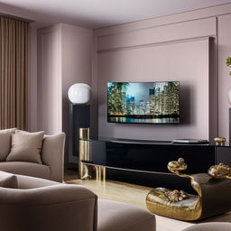 An exquisite living room featuring a state-of-the-art curved television, elegantly positioned amidst stylish furniture.