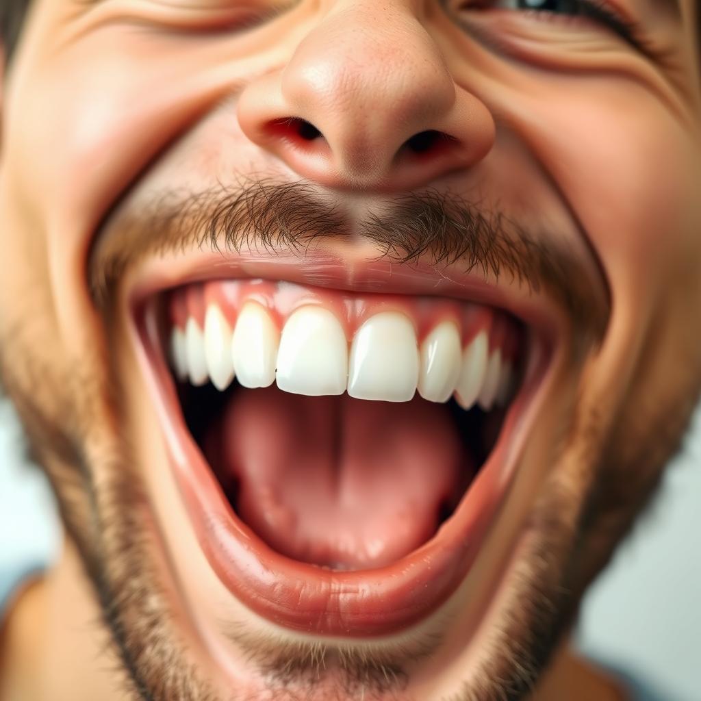 A close-up of a large mouth laughing heartily, showing joy and amusement, with big, bright white teeth and an expressive smile