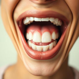 A close-up of a large mouth laughing heartily, showing joy and amusement, with big, bright white teeth and an expressive smile