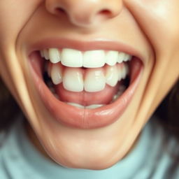 A close-up of a large mouth laughing heartily, showing joy and amusement, with big, bright white teeth and an expressive smile