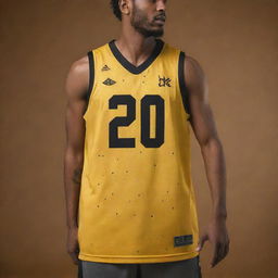 A cool, stylish basketball jersey front and back view in golden yellow with intricate little black patterns. The team's logo on the front and the player's number on the back are highlighted in black for contrast.