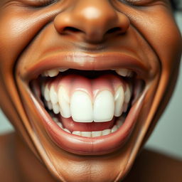 A close-up of a large mouth laughing heartily, showing joy and amusement, with big, bright white teeth and an expressive smile