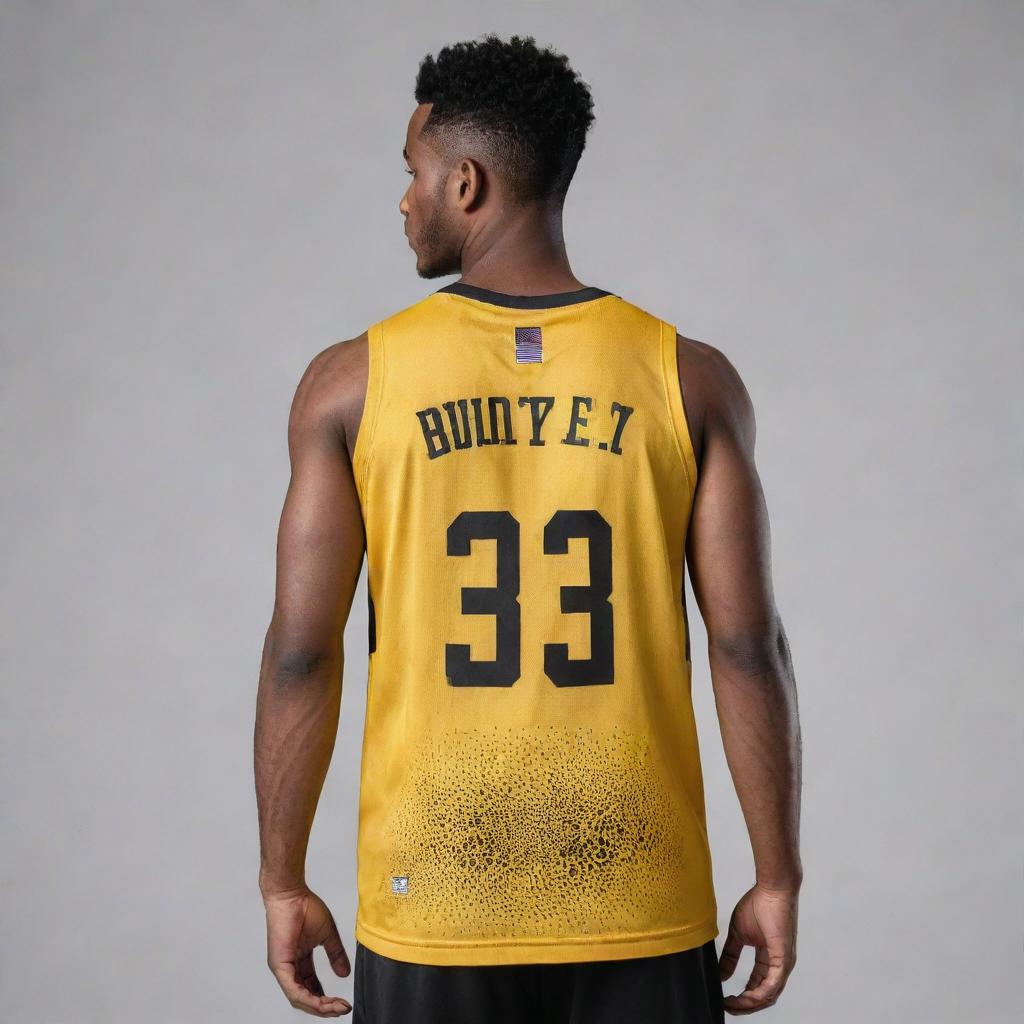 A cool, stylish basketball jersey front and back view in golden yellow with intricate little black patterns. The team's logo on the front and the player's number on the back are highlighted in black for contrast.