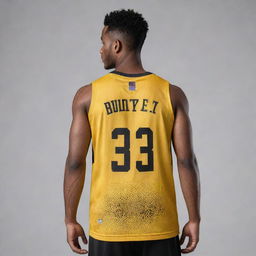 A cool, stylish basketball jersey front and back view in golden yellow with intricate little black patterns. The team's logo on the front and the player's number on the back are highlighted in black for contrast.