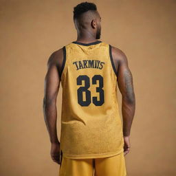 A cool, stylish basketball jersey front and back view in golden yellow with intricate little black patterns. The team's logo on the front and the player's number on the back are highlighted in black for contrast.