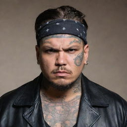 A large, imposing man with a tough expression, sporting gang attire such as a leather jacket, bandana, and various tattoos