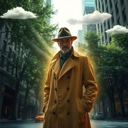 A detective surrounded by a glowing aura, standing in an American city with tall buildings and lush green trees