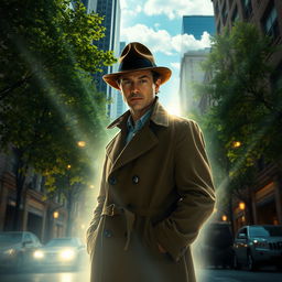 A detective surrounded by a glowing aura, standing in an American city with tall buildings and lush green trees