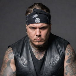 A large, imposing man with a tough expression, sporting gang attire such as a leather jacket, bandana, and various tattoos