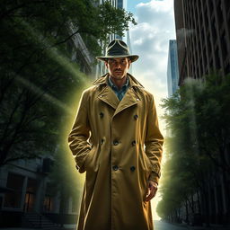 A detective surrounded by a glowing aura, standing in an American city with tall buildings and lush green trees