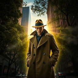 A detective surrounded by a glowing aura, standing in an American city with tall buildings and lush green trees