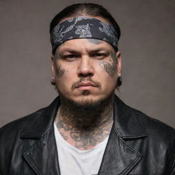 A large, imposing man with a tough expression, sporting gang attire such as a leather jacket, bandana, and various tattoos