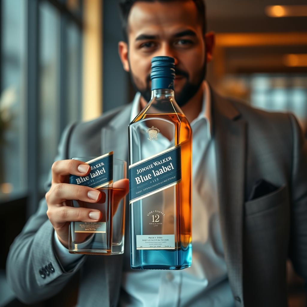 A high-quality image of a Johnnie Walker Blue label whiskey bottle being held by a well-dressed man