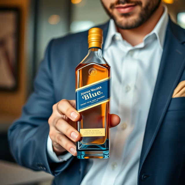 A high-quality image of a Johnnie Walker Blue label whiskey bottle being held by a well-dressed man