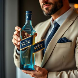 A high-quality image of a Johnnie Walker Blue label whiskey bottle being held by a well-dressed man