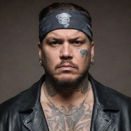 A large, imposing man with a tough expression, sporting gang attire such as a leather jacket, bandana, and various tattoos