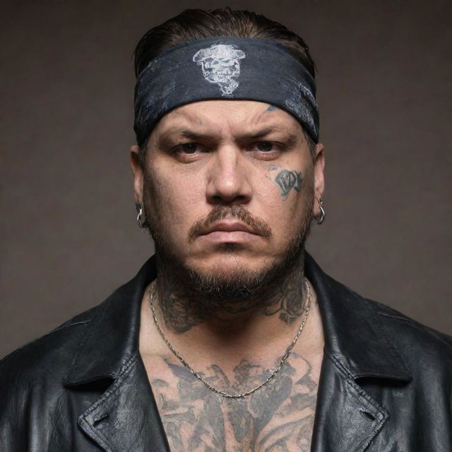 A large, imposing man with a tough expression, sporting gang attire such as a leather jacket, bandana, and various tattoos