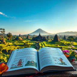 A captivating image of an open book placed in a picturesque outdoor setting of Yogyakarta