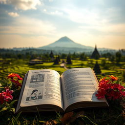 A captivating image of an open book placed in a picturesque outdoor setting of Yogyakarta