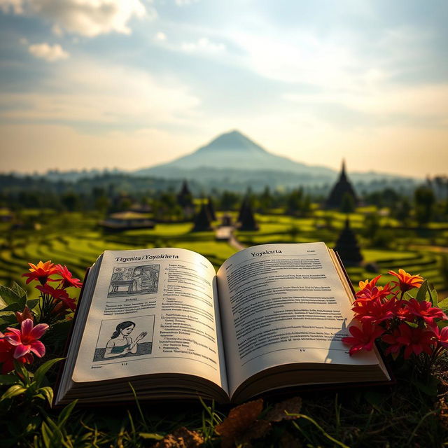 A captivating image of an open book placed in a picturesque outdoor setting of Yogyakarta