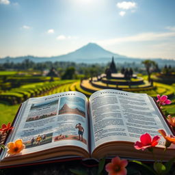 A captivating image of an open book placed in a picturesque outdoor setting of Yogyakarta