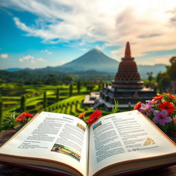 A captivating image of an open book placed in a picturesque outdoor setting of Yogyakarta