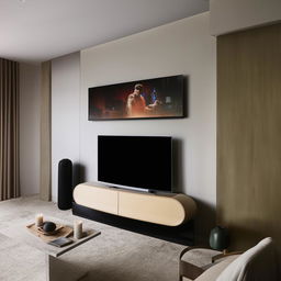 An exquisite living room featuring a state-of-the-art curved television, elegantly positioned amidst stylish furniture.