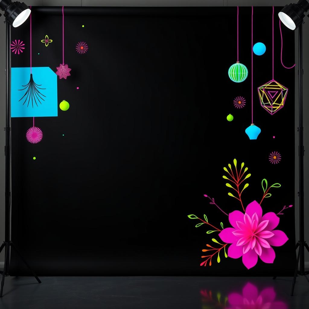 A YouTube studio background featuring a sleek black base color adorned with vibrant and colorful ornaments