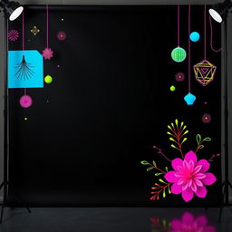 A YouTube studio background featuring a sleek black base color adorned with vibrant and colorful ornaments