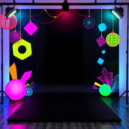 A YouTube studio background featuring a sleek black base color adorned with vibrant and colorful ornaments