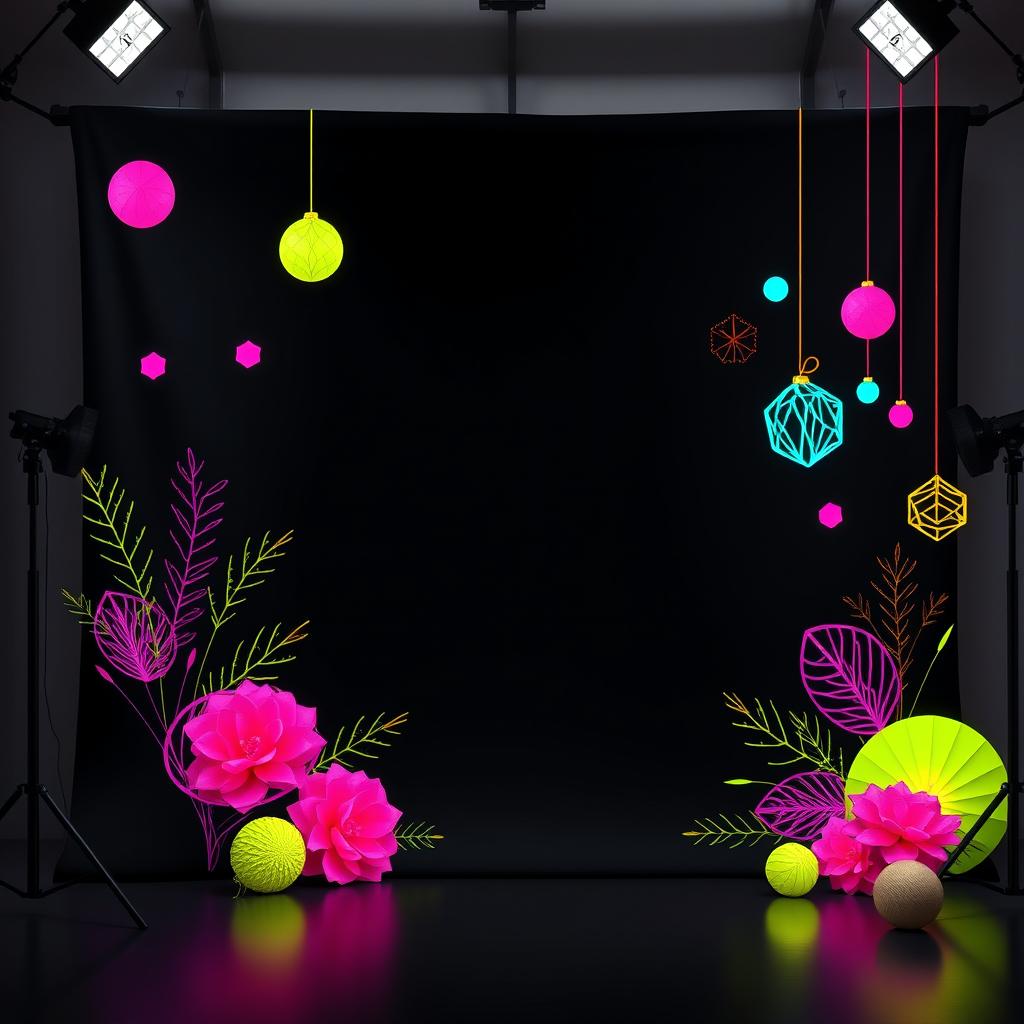 A YouTube studio background featuring a sleek black base color adorned with vibrant and colorful ornaments