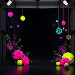 A YouTube studio background featuring a sleek black base color adorned with vibrant and colorful ornaments