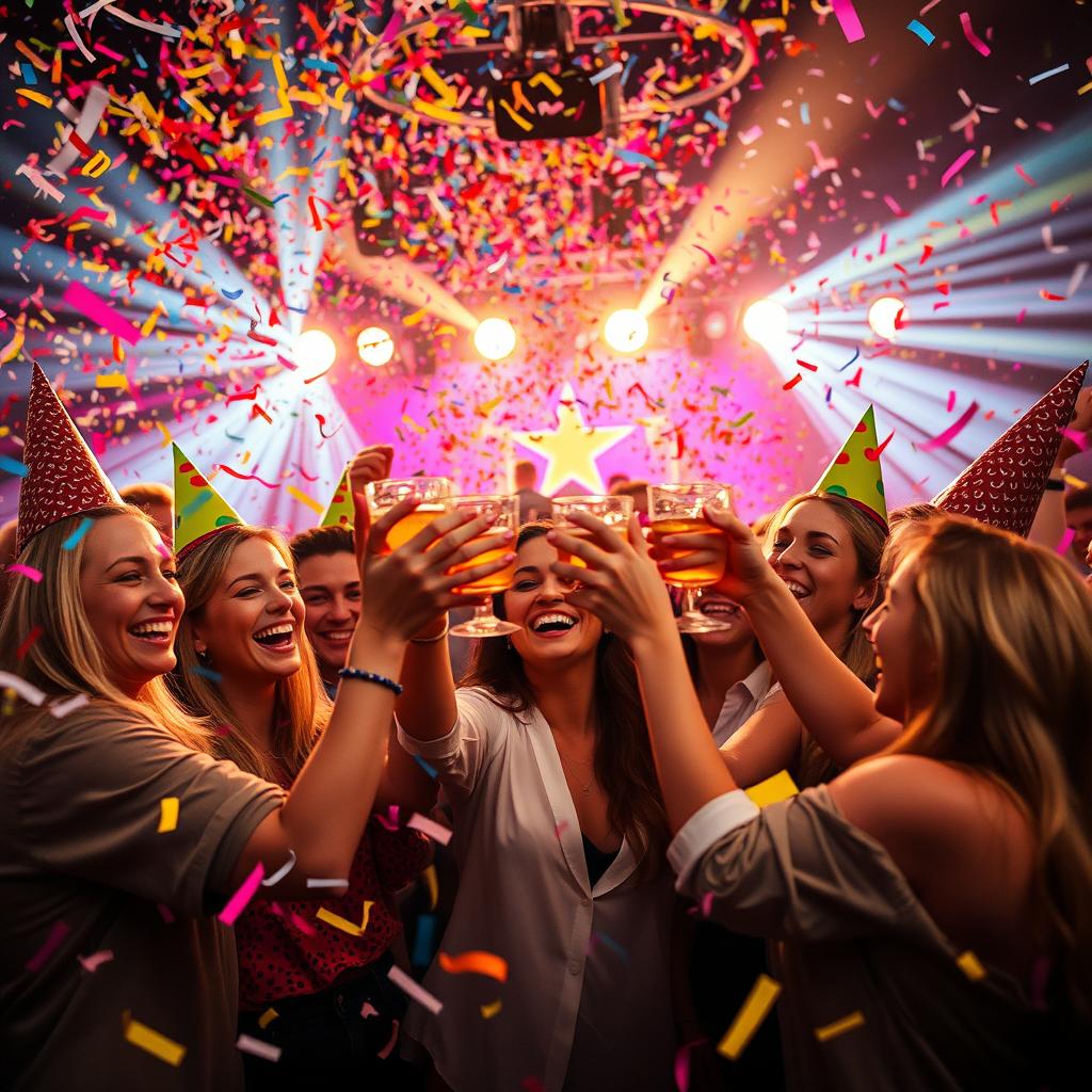 A vibrant and energetic scene featuring a colorful explosion of confetti and streamers in the air, creating a festive atmosphere