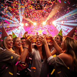 A vibrant and energetic scene featuring a colorful explosion of confetti and streamers in the air, creating a festive atmosphere