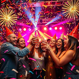 A vibrant and energetic scene featuring a colorful explosion of confetti and streamers in the air, creating a festive atmosphere