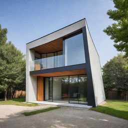 A two-story house designed as an upright triangular prism, featuring modern design elements adding an intriguing aesthetic to its unique geometric shape.