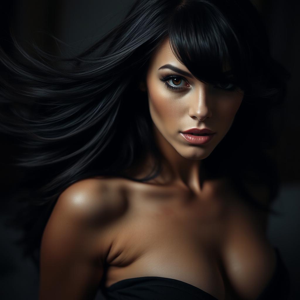 A dramatic scene capturing the essence of intimacy, showcasing a beautiful woman with flowing dark hair, seductive eyes, and a glamorous appearance, set in an alluring ambiance